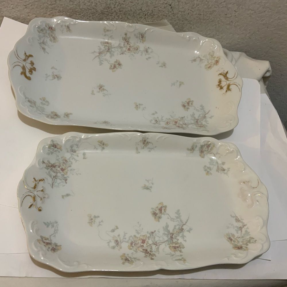 2 Vintage  Limoges J. Pouyat  France Hand Painted Oval Floral Gold Gilt Antique
